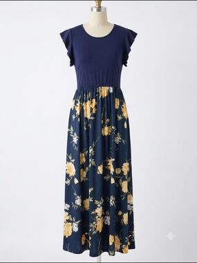 Women's Navy & Yellow Floral Maxi Dress Size XL